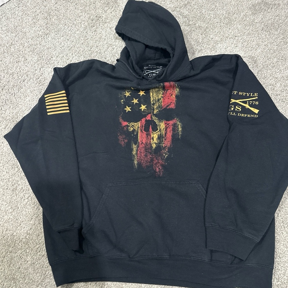 Grunt Style Hoodie Sweatshirt Mens XL Black Skull USA Flag Hooded